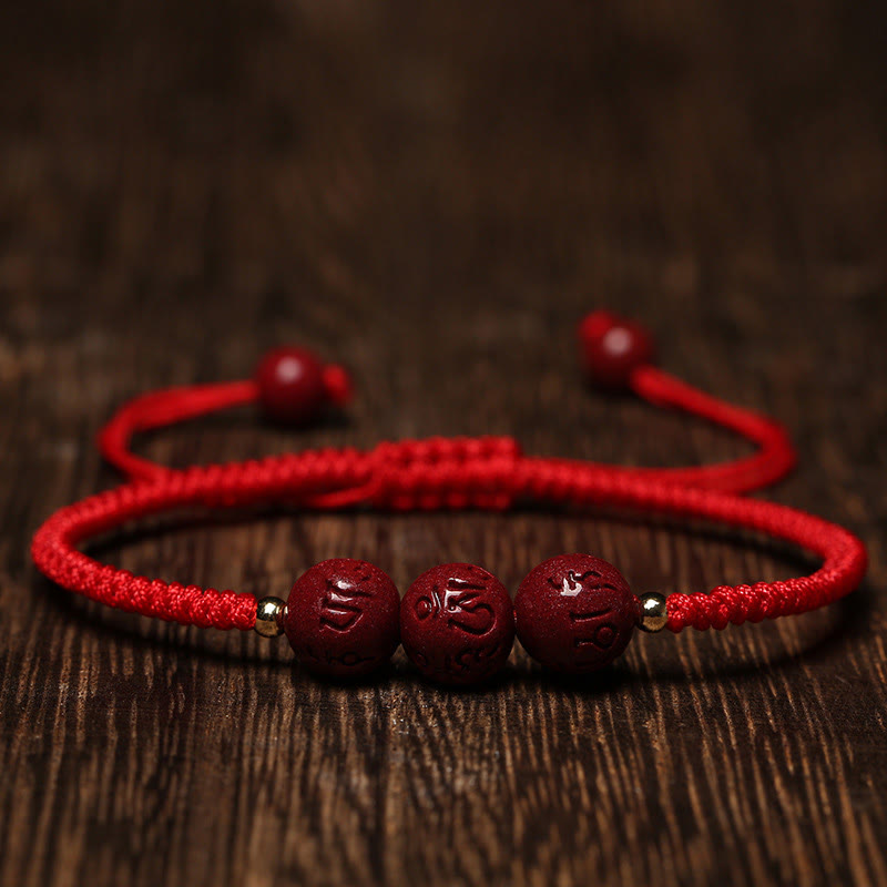 Buddha Stones Handmade Cinnabar Om Mani Padme Hum Engraved Beads Blessing Braided Bracelet