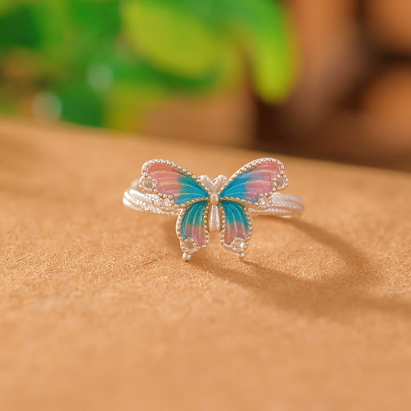 Buddha Stones 999 Sterling Silver Blue Pink Butterfly Love Freedom Ring