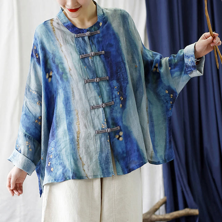 Buddha Stones Blue White Beige Small Flower Frog-button Design Long Sleeve Ramie Linen Jacket Shirt