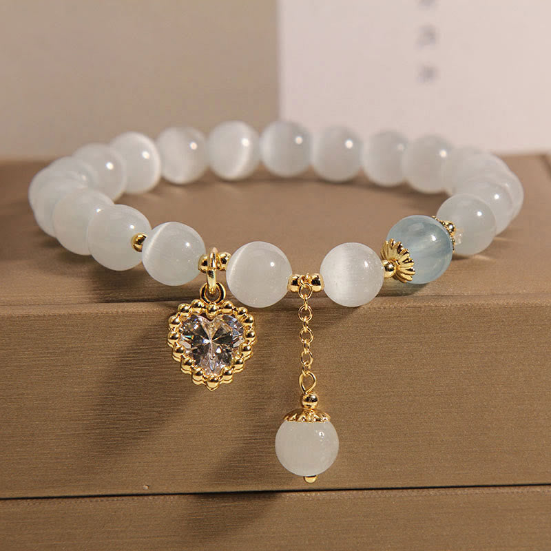 Buddha Stones Cat's Eye Crystal Heart Zircon Charm Peace Love Bracelet