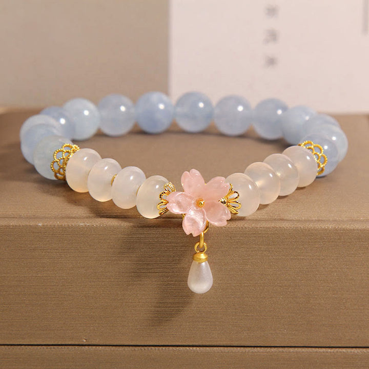 Buddha Stones Aquamarine White Agate Pearl Abacus Beads Flower Healing Bracelet