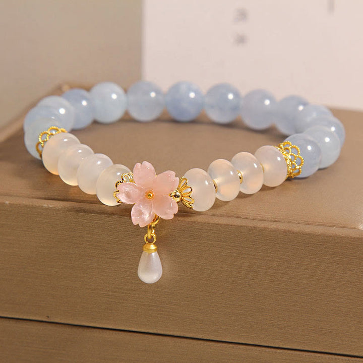 Buddha Stones Aquamarine White Agate Pearl Abacus Beads Flower Healing Bracelet