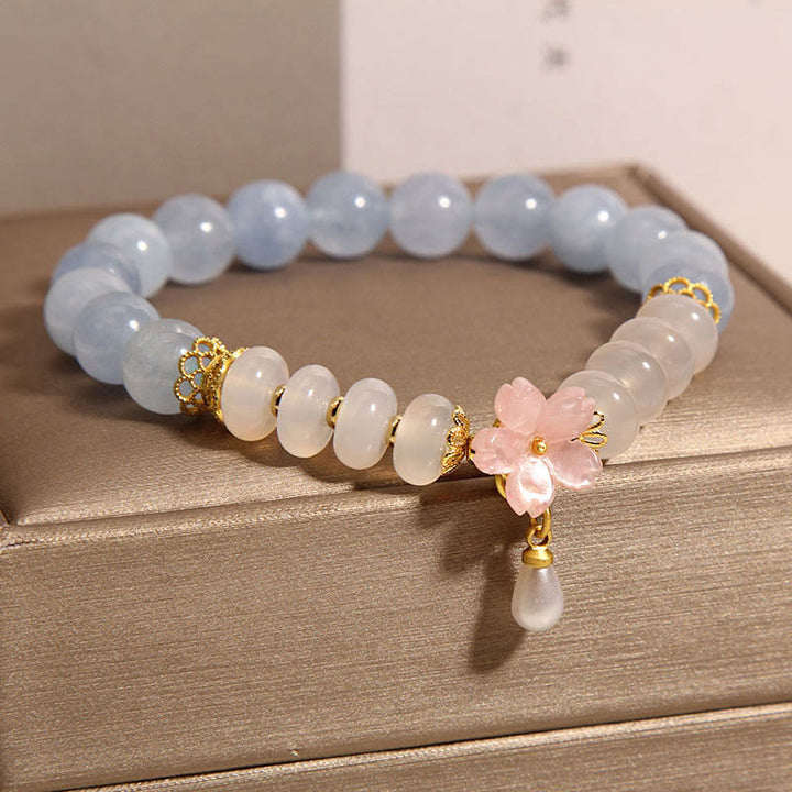 Buddha Stones Aquamarine White Agate Pearl Abacus Beads Flower Healing Bracelet