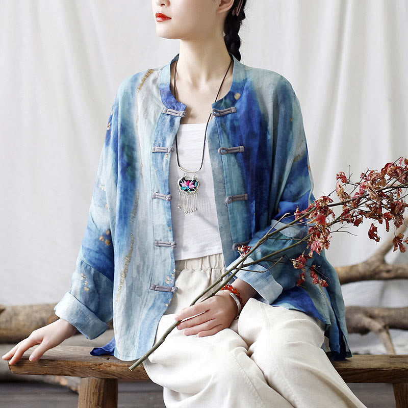 Buddha Stones Blue White Beige Small Flower Frog-button Design Long Sleeve Ramie Linen Jacket Shirt