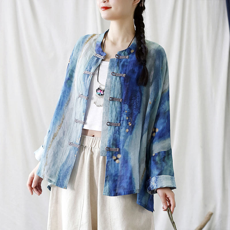 Buddha Stones Blue White Beige Small Flower Frog-button Design Long Sleeve Ramie Linen Jacket Shirt