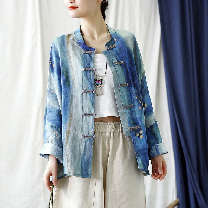 Buddha Stones Blue White Beige Small Flower Frog-button Design Long Sleeve Ramie Linen Jacket Shirt