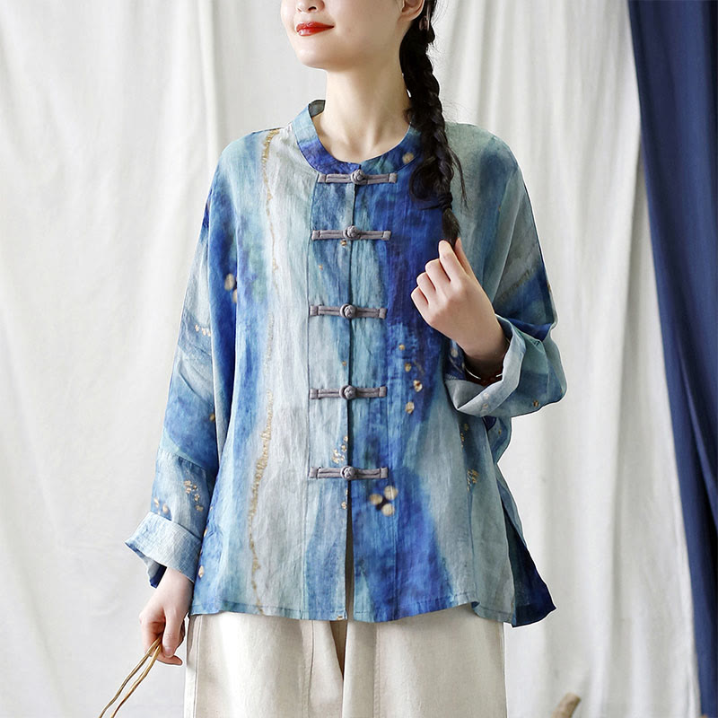 Buddha Stones Blue White Beige Small Flower Frog-button Design Long Sleeve Ramie Linen Jacket Shirt