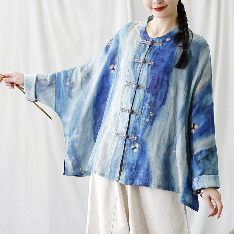 Buddha Stones Blue White Beige Small Flower Frog-button Design Long Sleeve Ramie Linen Jacket Shirt