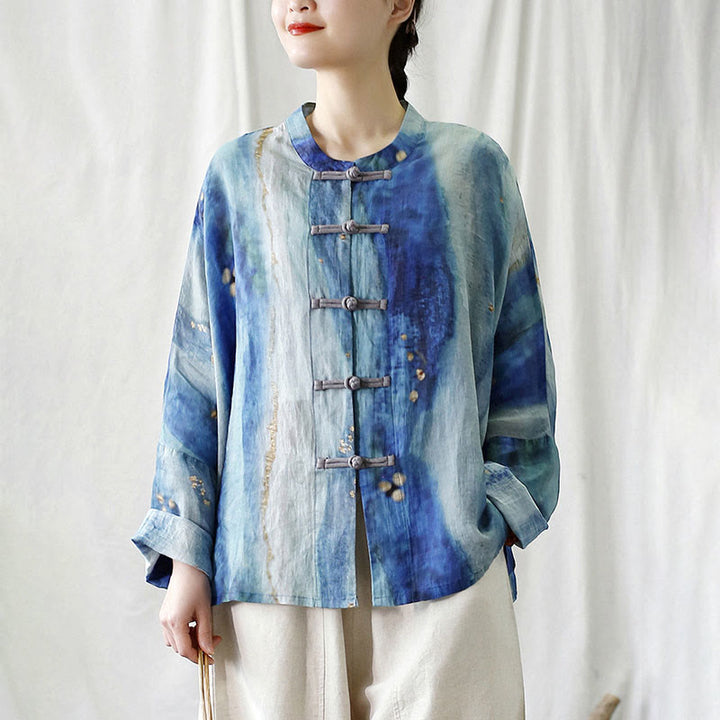 Buddha Stones Blue White Beige Small Flower Frog-button Design Long Sleeve Ramie Linen Jacket Shirt