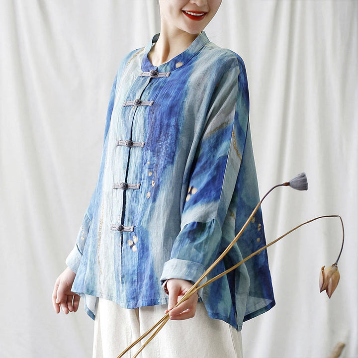 Buddha Stones Blue White Beige Small Flower Frog-button Design Long Sleeve Ramie Linen Jacket Shirt