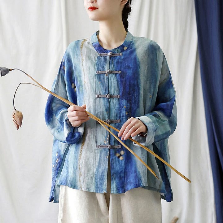 Buddha Stones Blue White Beige Small Flower Frog-button Design Long Sleeve Ramie Linen Jacket Shirt