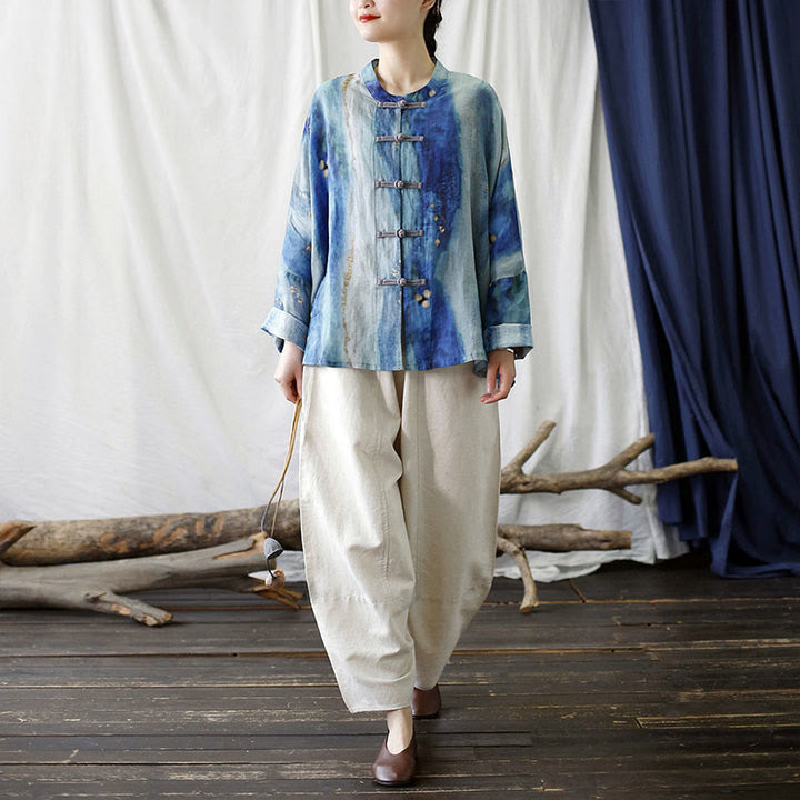 Buddha Stones Blue White Beige Small Flower Frog-button Design Long Sleeve Ramie Linen Jacket Shirt