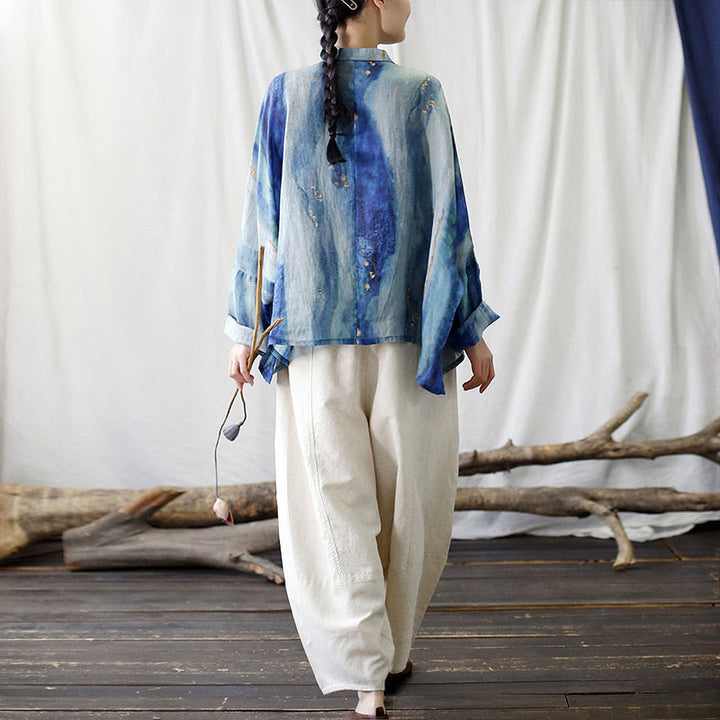 Buddha Stones Blue White Beige Small Flower Frog-button Design Long Sleeve Ramie Linen Jacket Shirt