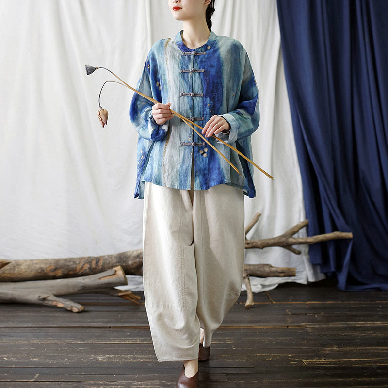 Buddha Stones Blue White Beige Small Flower Frog-button Design Long Sleeve Ramie Linen Jacket Shirt