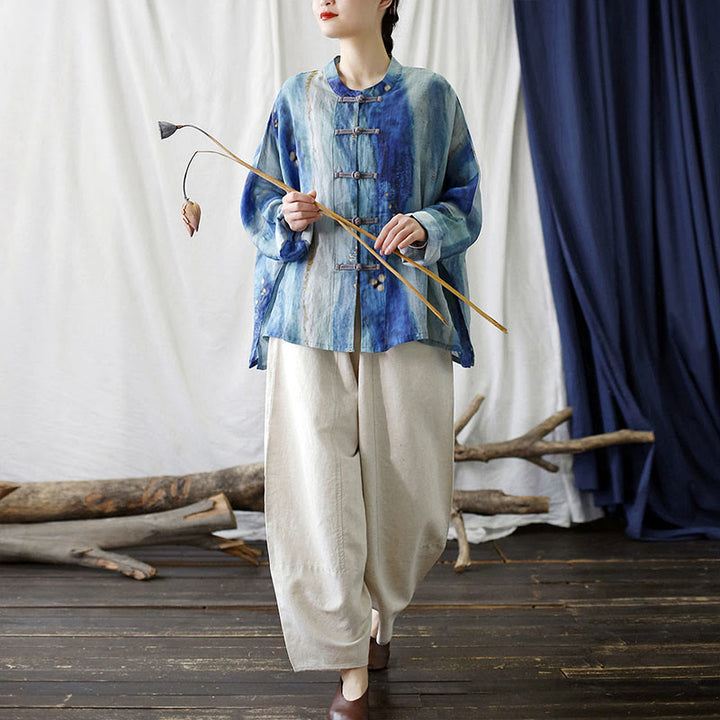 Buddha Stones Blue White Beige Small Flower Frog-button Design Long Sleeve Ramie Linen Jacket Shirt