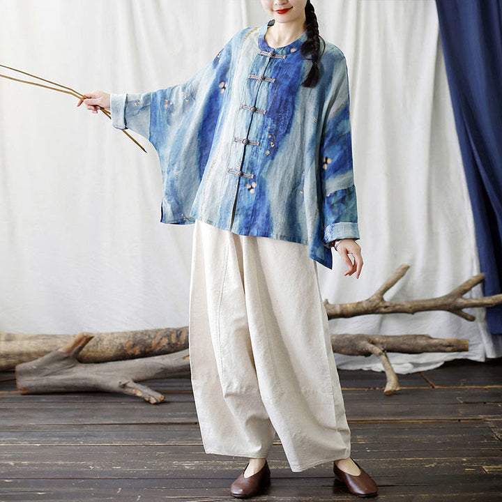 Buddha Stones Blue White Beige Small Flower Frog-button Design Long Sleeve Ramie Linen Jacket Shirt