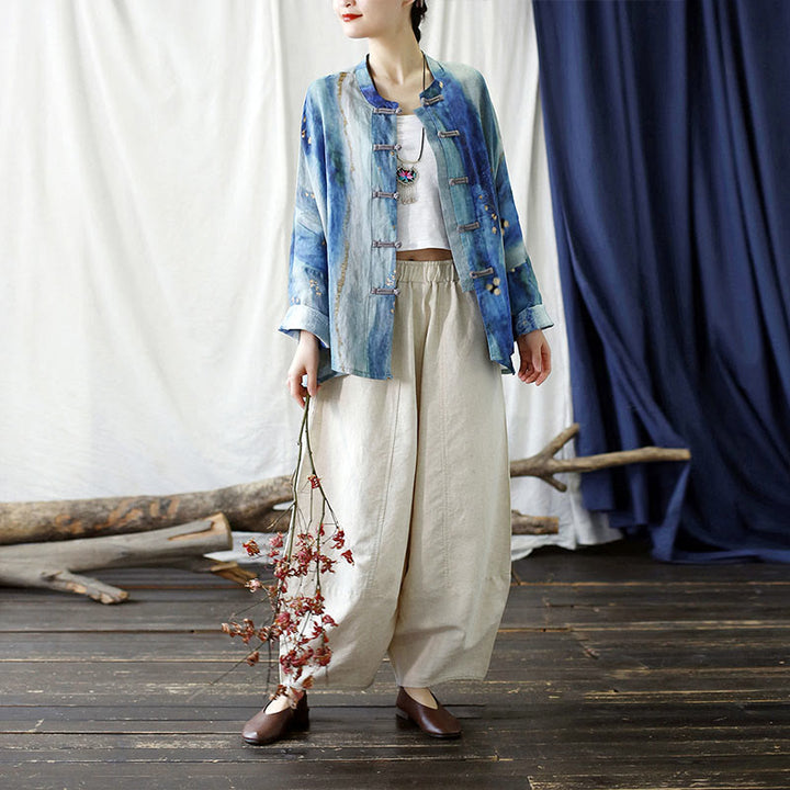 Buddha Stones Blue White Beige Small Flower Frog-button Design Long Sleeve Ramie Linen Jacket Shirt