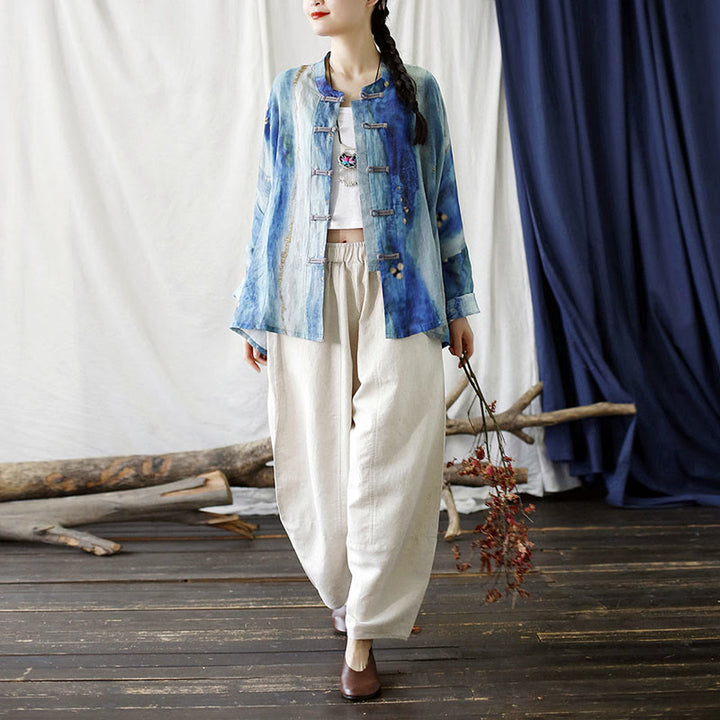 Buddha Stones Blue White Beige Small Flower Frog-button Design Long Sleeve Ramie Linen Jacket Shirt