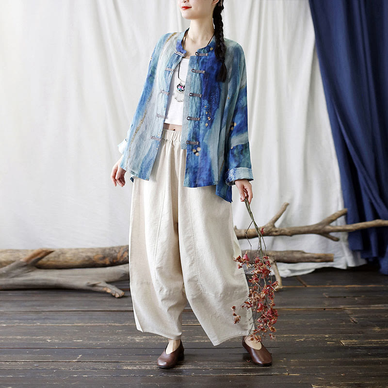 Buddha Stones Blue White Beige Small Flower Frog-button Design Long Sleeve Ramie Linen Jacket Shirt