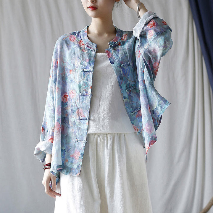 Buddha Stones Pink Flowers Green Leaves Print Frog-button Design Long Sleeve Ramie Linen Jacket Shirt