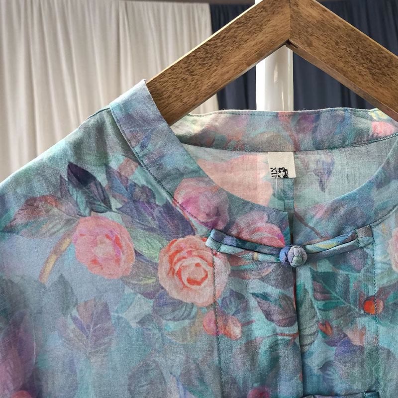 Buddha Stones Pink Flowers Green Leaves Print Frog-button Design Long Sleeve Ramie Linen Jacket Shirt - image 10