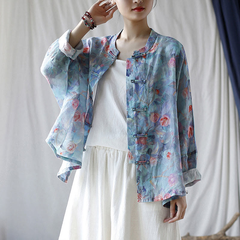 Buddha Stones Pink Flowers Green Leaves Print Frog-button Design Long Sleeve Ramie Linen Jacket Shirt - image 1