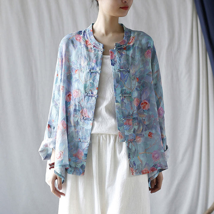Buddha Stones Pink Flowers Green Leaves Print Frog-button Design Long Sleeve Ramie Linen Jacket Shirt - image 4