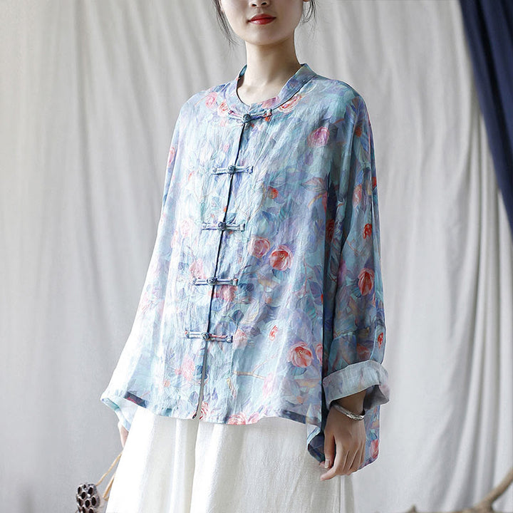 Buddha Stones Pink Flowers Green Leaves Print Frog-button Design Long Sleeve Ramie Linen Jacket Shirt - image 27