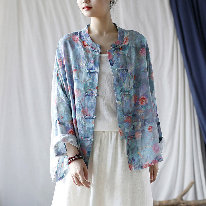 Buddha Stones Pink Flowers Green Leaves Print Frog-button Design Long Sleeve Ramie Linen Jacket Shirt