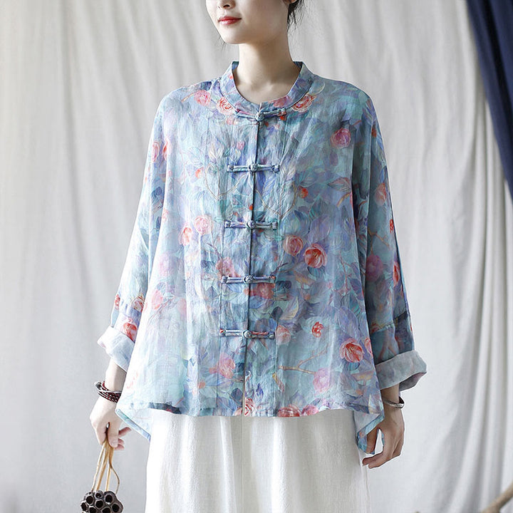 Buddha Stones Pink Flowers Green Leaves Print Frog-button Design Long Sleeve Ramie Linen Jacket Shirt