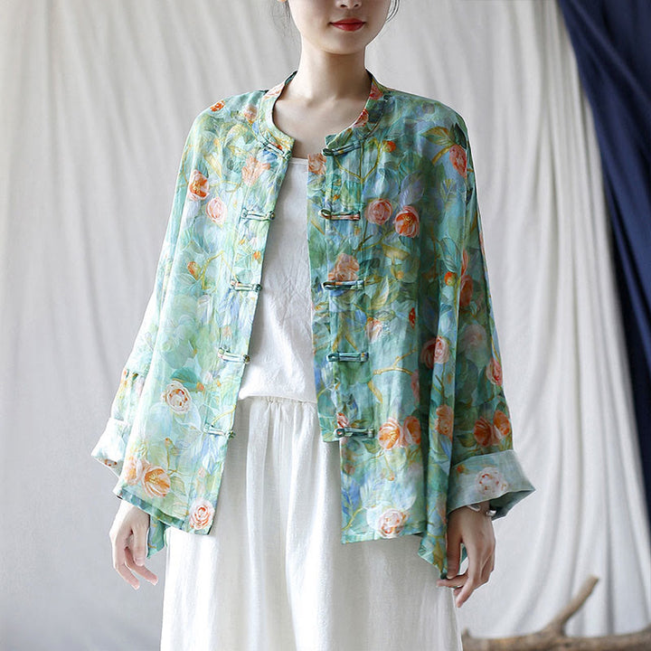 Buddha Stones Pink Flowers Green Leaves Print Frog-button Design Long Sleeve Ramie Linen Jacket Shirt