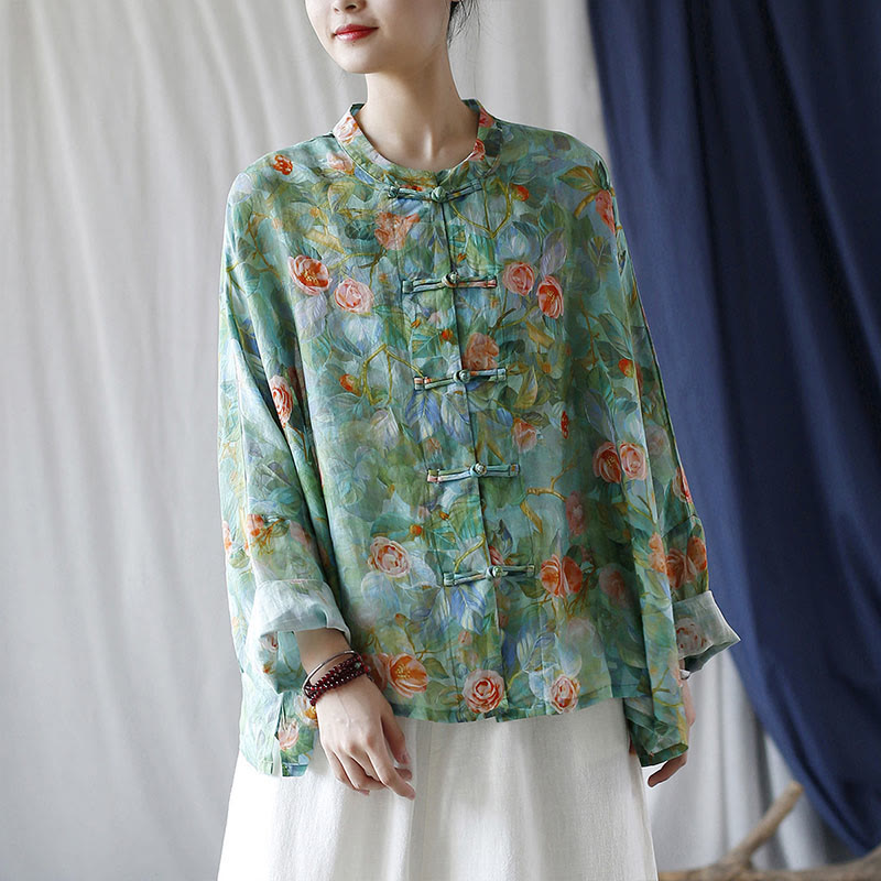 Buddha Stones Pink Flowers Green Leaves Print Frog-button Design Long Sleeve Ramie Linen Jacket Shirt - image 41