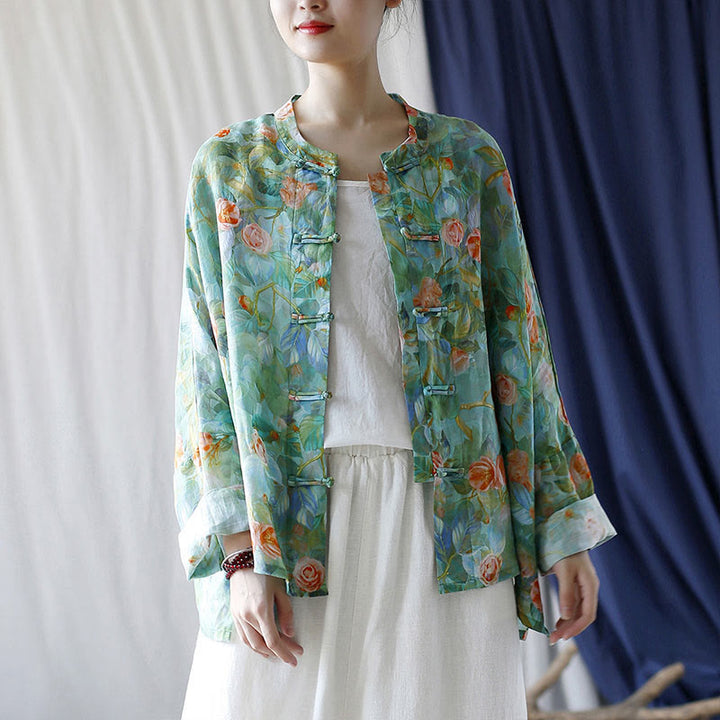 Buddha Stones Pink Flowers Green Leaves Print Frog-button Design Long Sleeve Ramie Linen Jacket Shirt