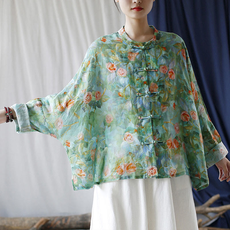 Buddha Stones Pink Flowers Green Leaves Print Frog-button Design Long Sleeve Ramie Linen Jacket Shirt