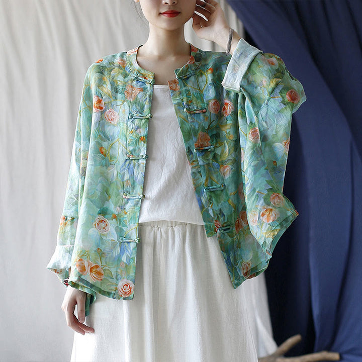 Buddha Stones Pink Flowers Green Leaves Print Frog-button Design Long Sleeve Ramie Linen Jacket Shirt