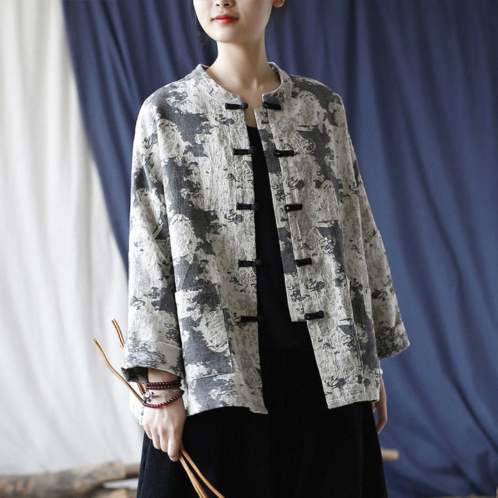 Buddha Stones Black Gray Print Frog-button Design Long Sleeve Cotton Linen Jacket Shirt With Pockets