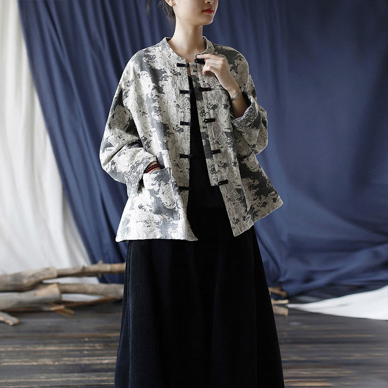 Buddha Stones Black Gray Print Frog-button Design Long Sleeve Cotton Linen Jacket Shirt With Pockets - image 32