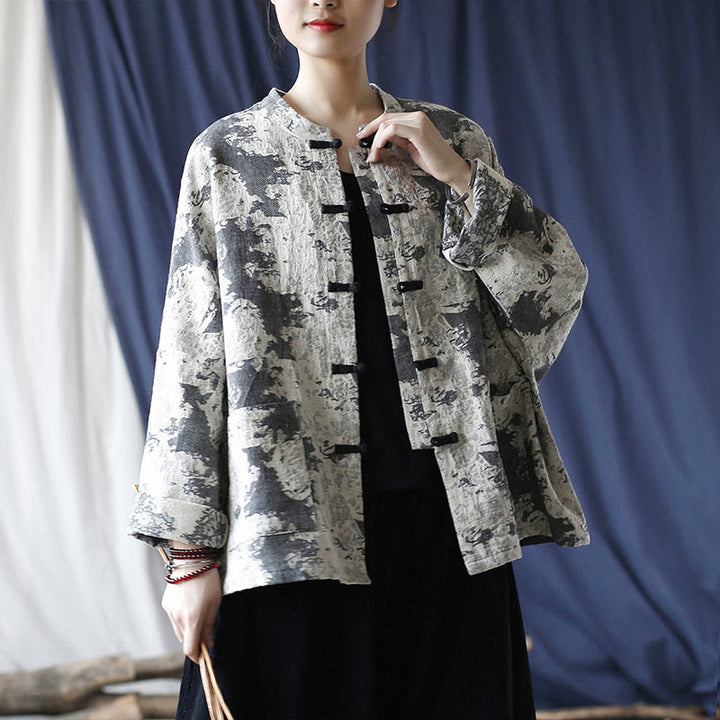 Buddha Stones Black Gray Print Frog-button Design Long Sleeve Cotton Linen Jacket Shirt With Pockets - image 27
