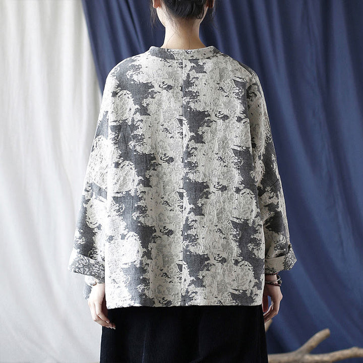 Buddha Stones Black Gray Print Frog-button Design Long Sleeve Cotton Linen Jacket Shirt With Pockets - image 2