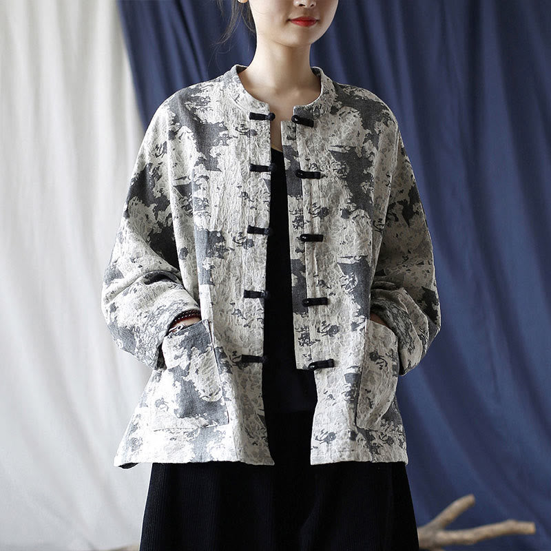 Buddha Stones Black Gray Print Frog-button Design Long Sleeve Cotton Linen Jacket Shirt With Pockets - image 24