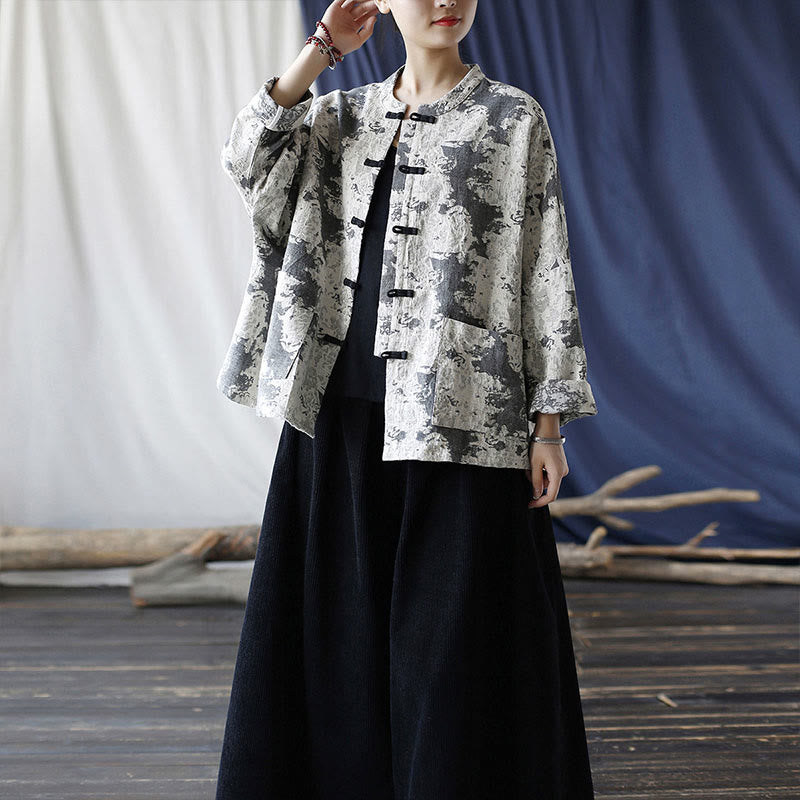 Buddha Stones Black Gray Print Frog-button Design Long Sleeve Cotton Linen Jacket Shirt With Pockets