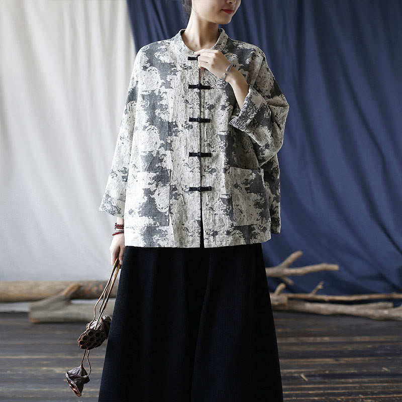 Buddha Stones Black Gray Print Frog-button Design Long Sleeve Cotton Linen Jacket Shirt With Pockets - image 34