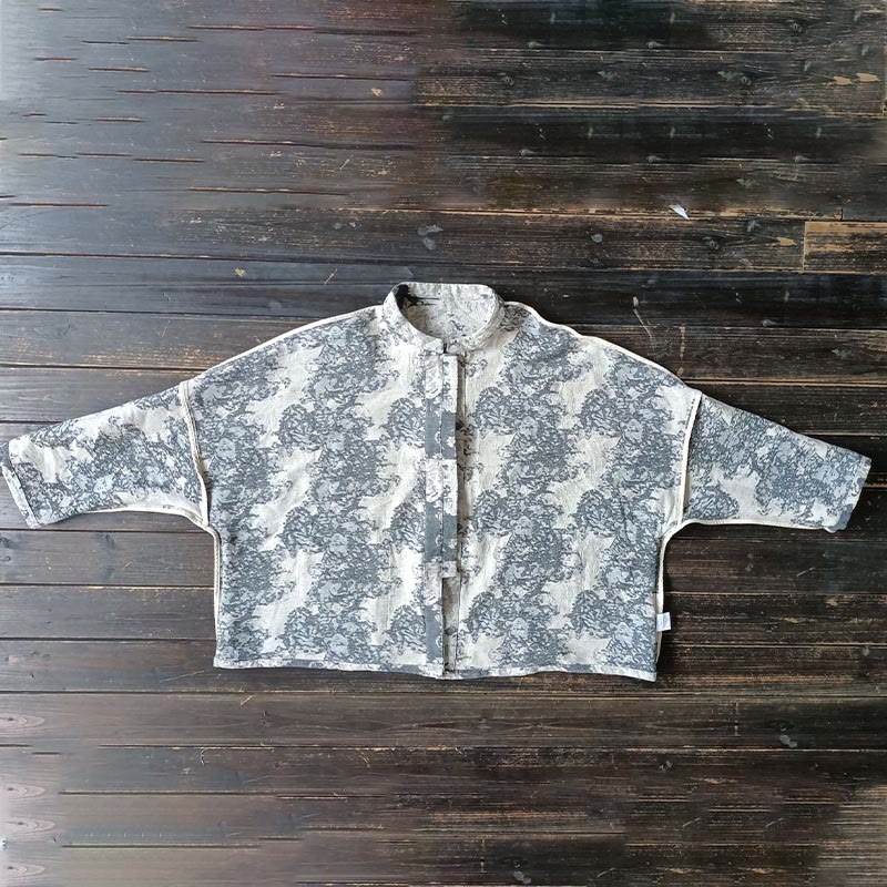 Buddha Stones Black Gray Print Frog-button Design Long Sleeve Cotton Linen Jacket Shirt With Pockets