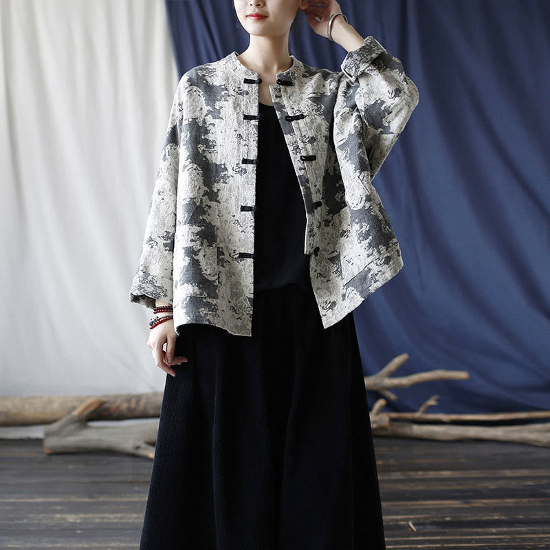 Buddha Stones Black Gray Print Frog-button Design Long Sleeve Cotton Linen Jacket Shirt With Pockets - image 37