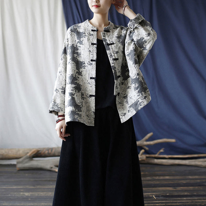 Buddha Stones Black Gray Print Frog-button Design Long Sleeve Cotton Linen Jacket Shirt With Pockets - image 37