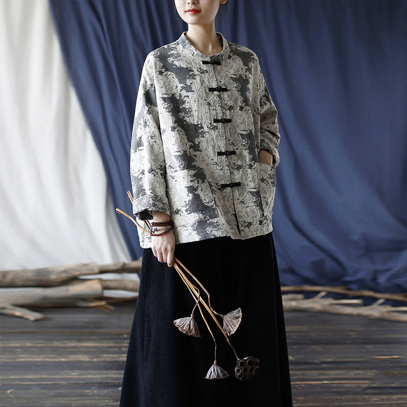 Buddha Stones Black Gray Print Frog-button Design Long Sleeve Cotton Linen Jacket Shirt With Pockets