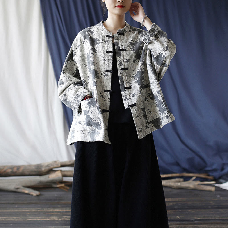 Buddha Stones Black Gray Print Frog-button Design Long Sleeve Cotton Linen Jacket Shirt With Pockets