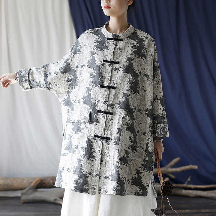 Buddha Stones Black Gray Beige Print Frog-button Design Long Sleeve Cotton Linen Jacket Shirt With Pockets