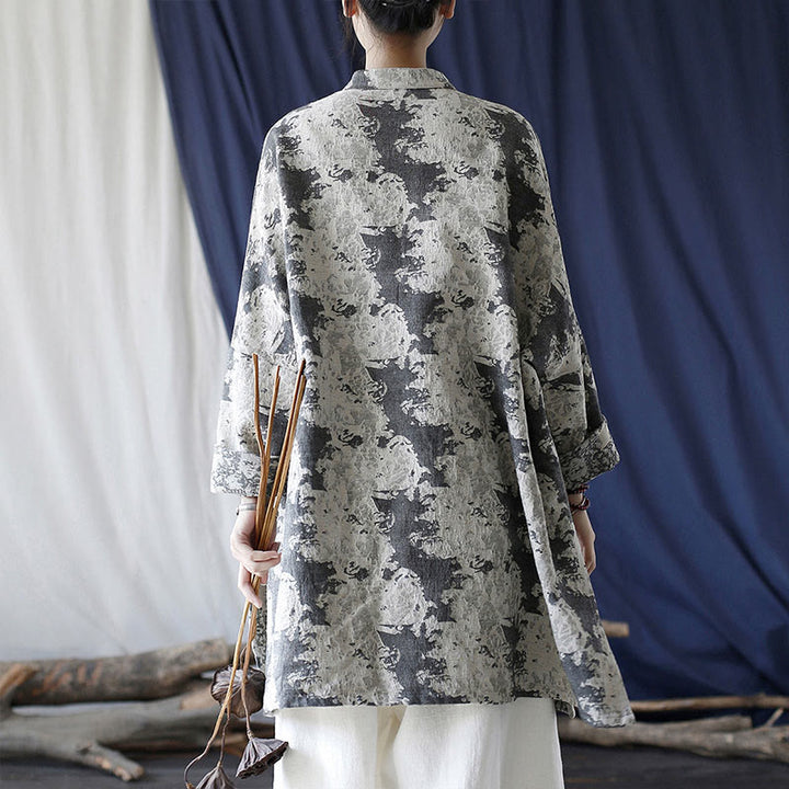 Buddha Stones Black Gray Beige Print Frog-button Design Long Sleeve Cotton Linen Jacket Shirt With Pockets