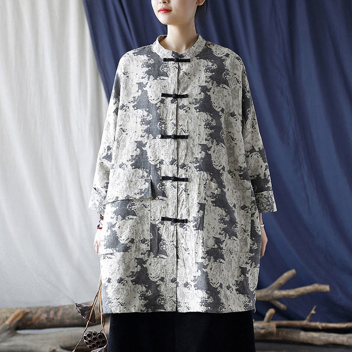 Buddha Stones Black Gray Beige Print Frog-button Design Long Sleeve Cotton Linen Jacket Shirt With Pockets